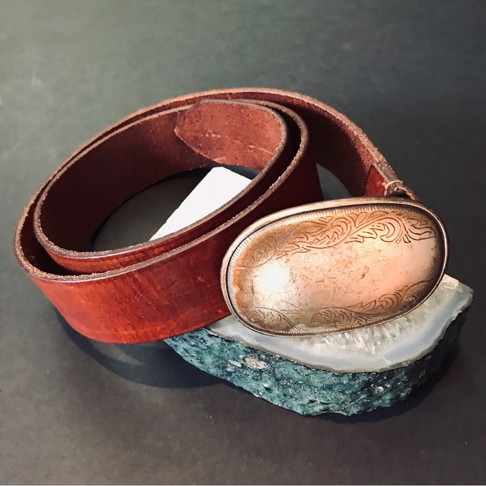 Handcrafted Brown Leather Belt with Decorative Oval Brass Buckle
